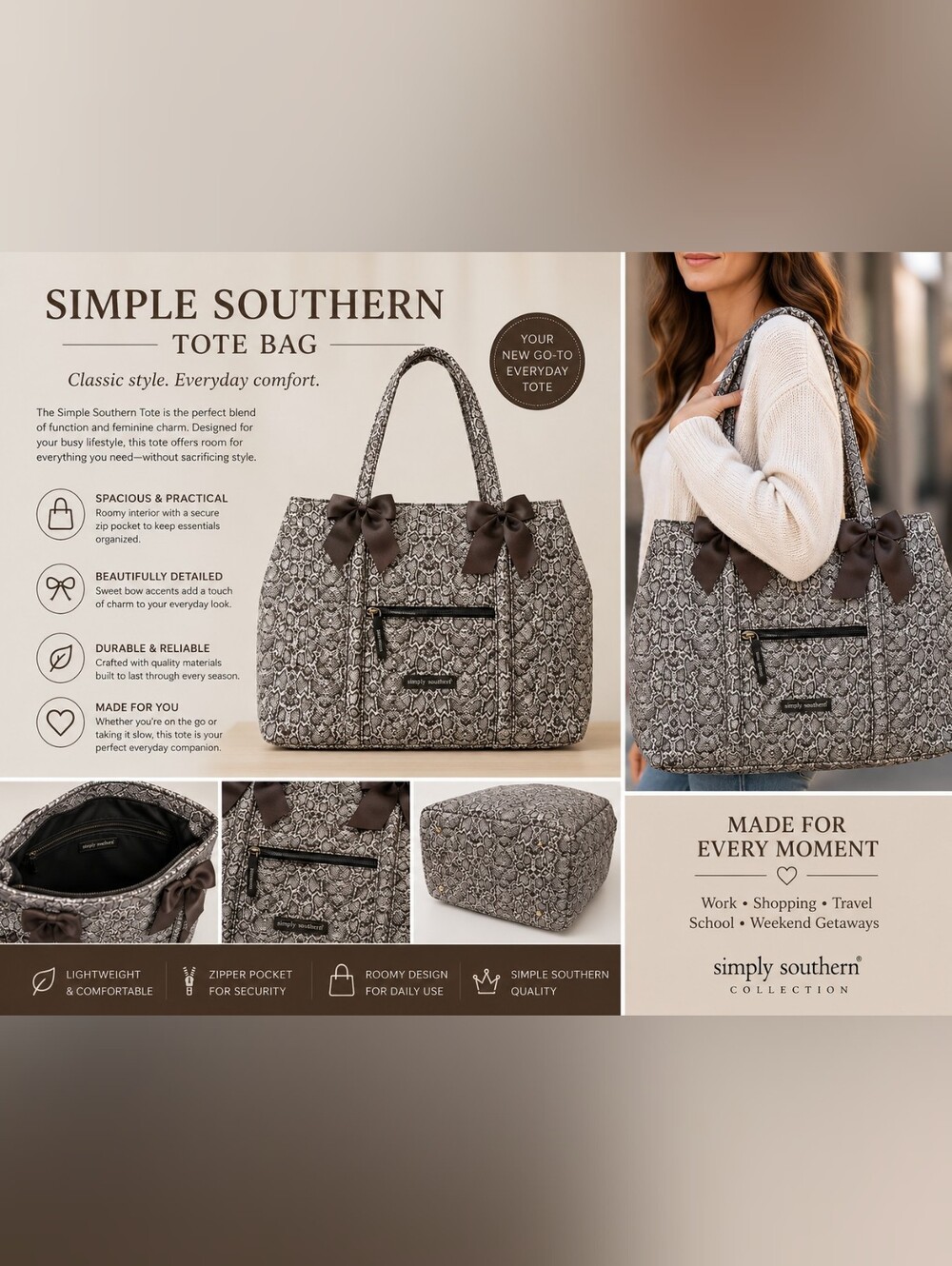 NWT Simply Southern Gray Snake-Print Tote with Bow Accents